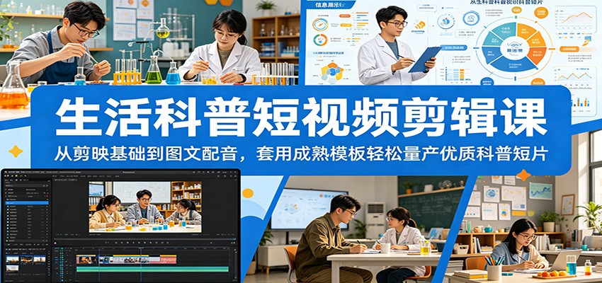 生活科普短视频剪辑课：从剪映基础到图文配音，套用成熟模板轻松量产优质科普短片-雨航网