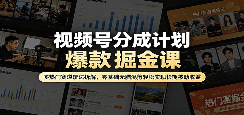 视频号分成计划爆款掘金课：多热门赛道玩法拆解，零基础无脑混剪轻松实现长期被动收益-雨航网