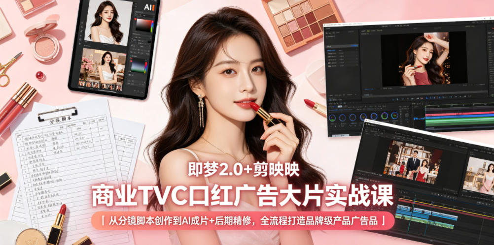 即梦2.0+剪映商业TVC口红广告大片实战课｜从分镜脚本创作到AI成片+后期精修，全流程打造品牌级产品广告-雨航网