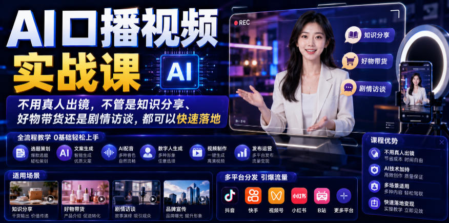 AI口播视频实战课，不用真人出镜，不管是知识分享、好物带货还是剧情访谈，都可以快速落地-雨航网