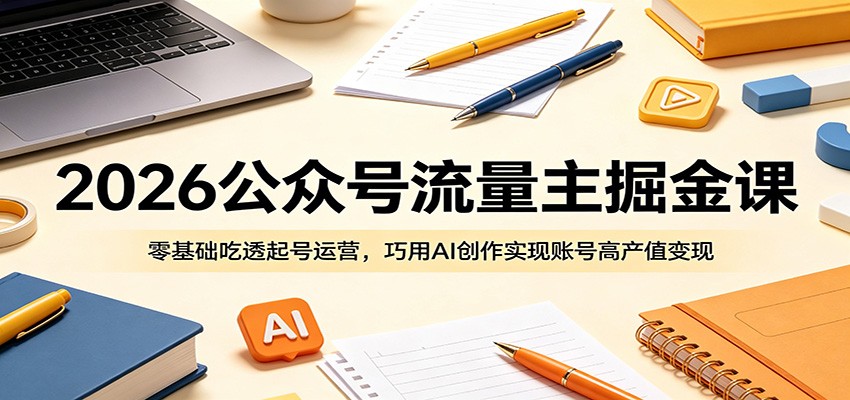 2026公众号流量主掘金课：零基础吃透起号运营，巧用AI创作实现账号高产值变现-雨航网