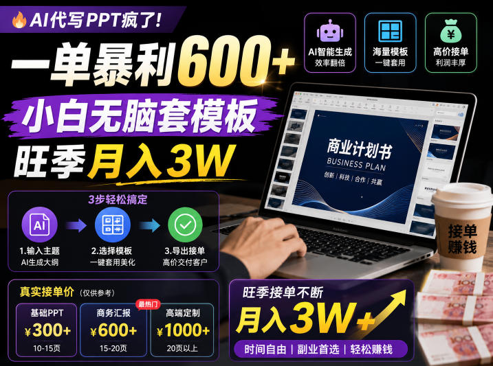 AI代写PPT疯了！一单暴利600+，小白无脑套模板，旺季月入3W，不用苦哈哈引流【揭秘】-雨航网