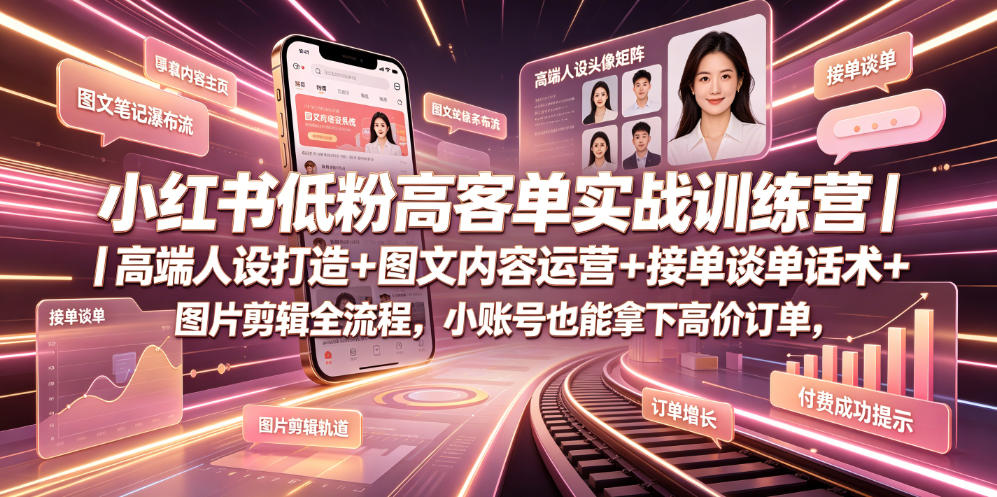 小红书低粉高客单实战训练营｜高端人设打造+图文内容运营+接单谈单话术+图片剪辑全流程，小账号也能拿下高价订单-雨航网