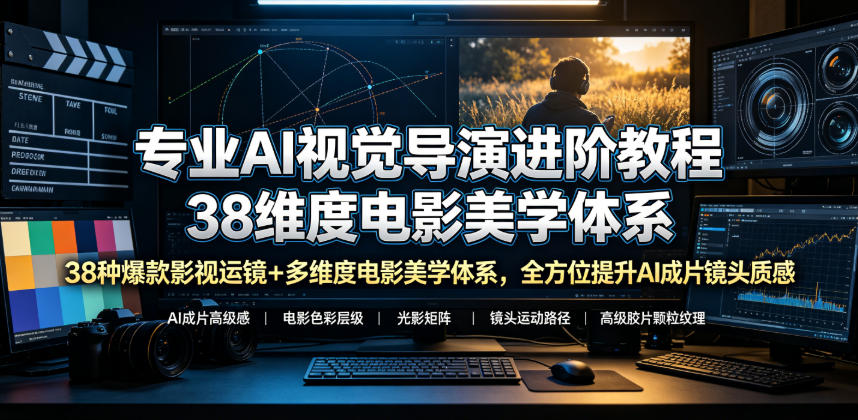 专业AI视觉导演进阶教程，38种爆款影视运镜+多维度电影美学体系，全方位提升AI成片高级感与镜头质感-雨航网